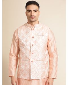 Woven Design Embroidered Straight Kurta & Pyjama With Nehru Jacket-MVRS521 Peach
