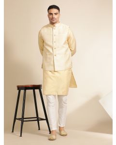 Woven Design Embroidered Straight Kurta & Pyjama With Nehru Jacket-MVRS522 Beige