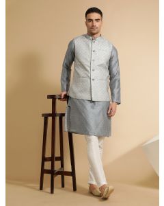 Woven Design Embroidered Straight Kurta & Pyjama With Nehru Jacket-MVRS523 Grey
