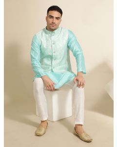 Woven Design Embroidered Straight Kurta & Pyjama With Nehru Jacket-MVRS524 Light Blue