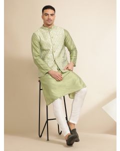 Woven Design Embroidered Straight Kurta & Pyjama With Nehru Jacket-MVRS525 Green