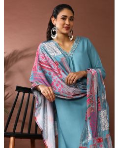Solid Embroidered Kurta & Trousers Sets-NV 588 Sky Blue