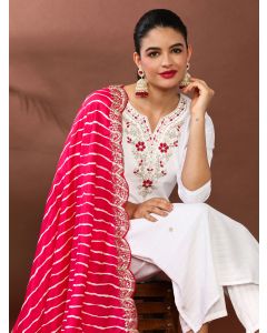 Floral Embroidered Kurta & Trousers Sets-NV 646 White
