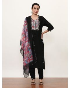 Embroidered Floral Kurta Sets With Dupatta-NVLK-006 Black