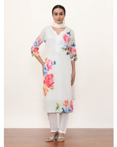 Embroidered Floral Kurta Sets With Dupatta-NVLK-008 White