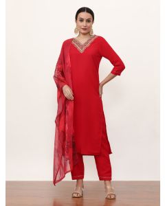 Embroidered Ethnic Motifs Kurta Sets With Dupatta-NVLK-011 Red