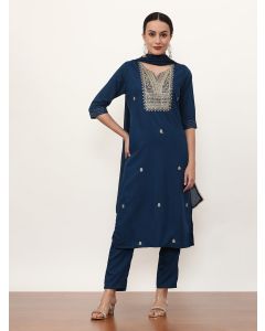 Embroidered Art Silk Ethnic Motifs Kurta Sets With Dupatta-NVLK-554 Navy Blue