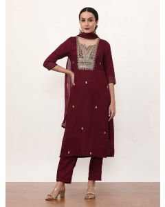 Embroidered Art Silk Ethnic Motifs Kurta Sets With Dupatta-NVLK-554 Wine