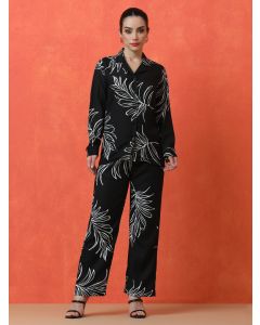 Floral Printed Straight Cotton Blend Top & Trousers Sets-NYL-7215 Black