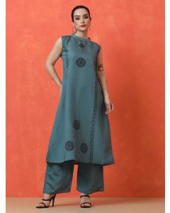 Floral Embroidered A-Line Silk Blend Kurta & Palazzos Sets-NYL-8010 Blue