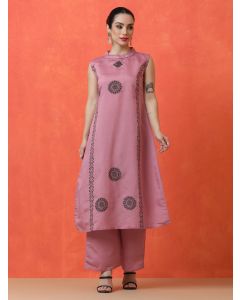 Floral Embroidered A-Line Silk Blend Kurta & Palazzos Sets-NYL-8010 Pink