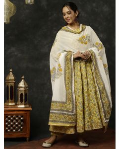 Yellow Ethnic Print Anarkali Kurta With Pants And Dupatta