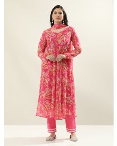 Floral Embroidered Anarkali Georgette Flared Kurta & Trousers Sets-Pirohi Pink