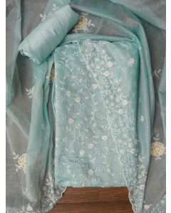 Sea Green Cotton Lucknowi Embroidered Dress Material with Dupatta