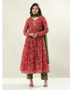 Floral Embroidered Anarkali Georgette Flared Kurta & Trousers Sets-Priyanka Pink