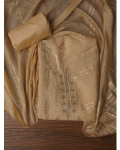 Beige Unstitched Zari Silk Blend Dress Material With Dupatta	
