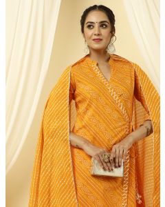 Orange Bandhani Angrakha Kurta With Leheriya Pants With Dupatta