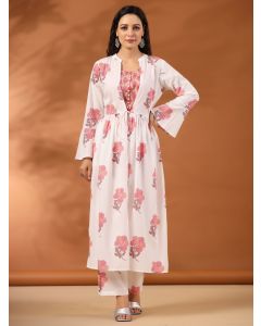 Peach Floral Printed Cotton 3-Piece Co-Ord Set