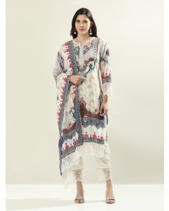 Floral Embroidered Cotton Blend High-Low Kurta & Trousers Sets-Sehnai White