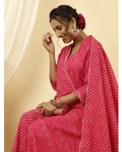 Fuchsia Pink Bandhani Angrakha Kurta With Leheriya Pants And Dupatta