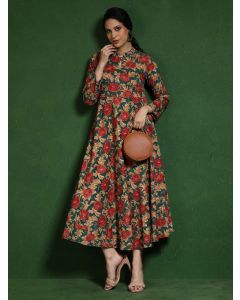 Floral Printed A-Line Pure Cotton Dress-Shalini 1754 Green