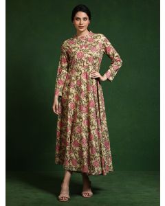 Floral Printed A-Line Pure Cotton Dress-Shalini 1756 Beige