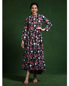 Floral Printed A-Line Pure Cotton Dress-Shalini 1760 Black