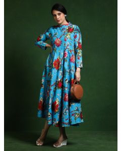 Floral Printed A-Line Pure Cotton Dress-Shalini 1762 Turquise Blue