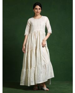 Striped A-Line Pure Cotton Dress-Shalini 1763 Cream