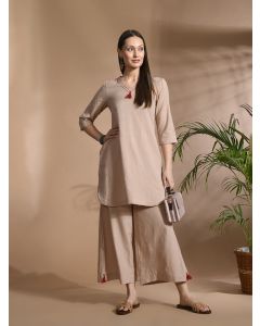 Pure cotton Solid kurta sets with palazzo-Shalini 631 Khaki