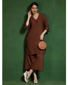 Pure cotton Solid kurta sets with palazzo-Shalini 632 Brown