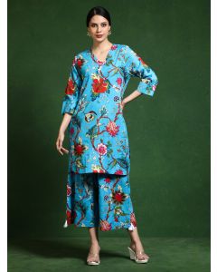 Pure cotton Printed kurta sets with palazzo-Shalini 637 Turquise Blue