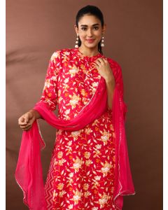 Floral Printed Straight Kurta & Trousers Sets-SP-185 Pink