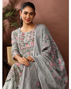 Floral Embroidered Straight Kurta & Palazzos Sets-SP-313 Grey