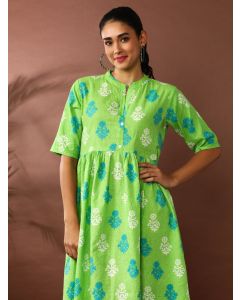 Floral Embroidered A-Line Pure Cotton Ethnic Dress-SP-336 Green