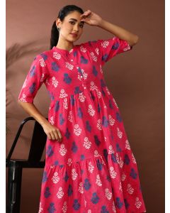 Floral Embroidered A-Line Pure Cotton Ethnic Dress-SP-336 Pink
