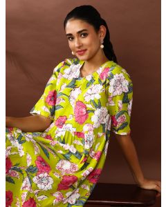Floral Printed A-Line Tiered Ethnic Dress-SP-337 Green