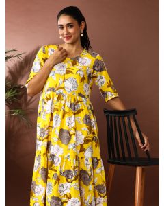 Floral Printed A-Line Tiered Ethnic Dress-SP-337 Yellow