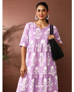 Floral Printed A-Line Tiered Ethnic Dress-SP-339 Purple