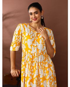 Floral Printed A-Line Panelled Ethnic Dress-SP-342 Yellow