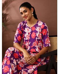 Floral Printed A-Line Tiered Ethnic Dress-SP-344 Purple