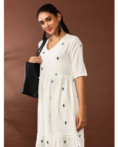 Floral Embroidered A-Line Tiered Ethnic Dress-SP-348 White