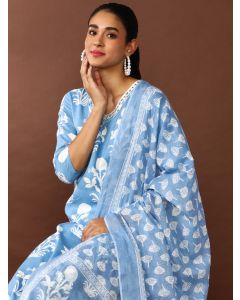 Floral Embroidered Straight Kurta & Trousers Sets-SP-350 Blue