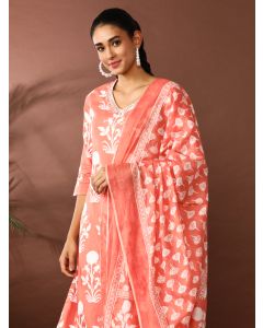Floral Embroidered Straight Kurta & Trousers Sets-SP-350 Peach