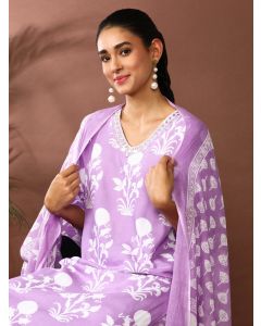 Floral Embroidered Straight Kurta & Trousers Sets-SP-350 Purple