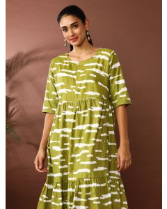 Floral Printed A-Line Cotton Blend Ethnic Dress-SP-356 Green