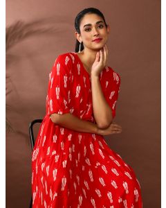 Floral Printed A-Line Tiered Ethnic Dress-SP-358 Red