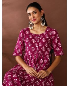 Floral Printed A-Line Tiered Ethnic Dress-SP-363 Wine