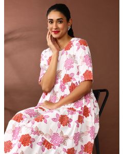 Floral Printed A-Line Pure Cotton Ethnic Dress-SP-365 White