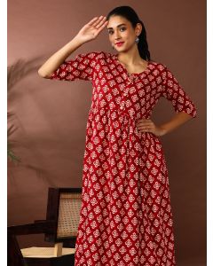 Floral Printed A-Line Tiered Ethnic Dress-SP-367 Red